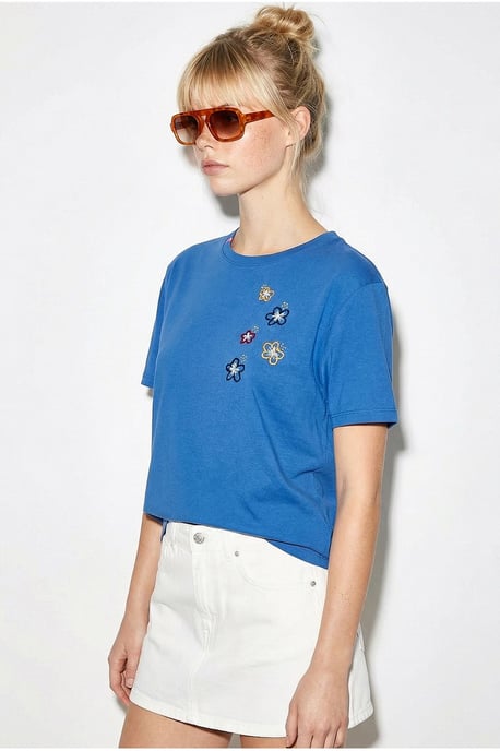 Blumenbesticktes Rundhalsausschnitt T-Shirt - Image 2