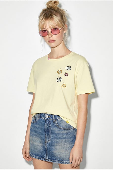 Blumenbesticktes Rundhalsausschnitt T-Shirt - Image 2