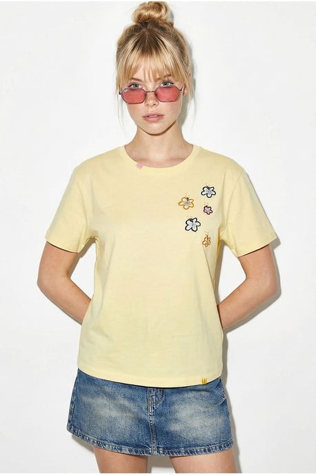 Blumenbesticktes Rundhalsausschnitt T-Shirt - Image 3