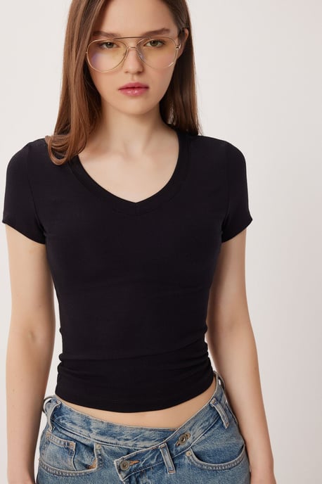 Basic V-Ausschnitt Baumwollmix T-Shirt - Image 2