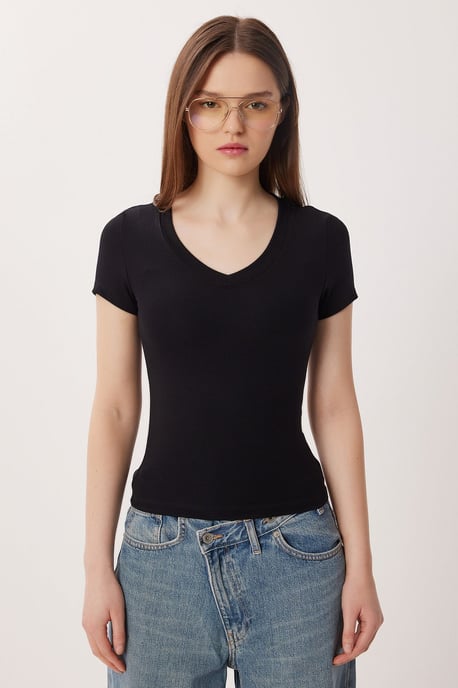 Basic V-Ausschnitt Baumwollmix T-Shirt - Image 4