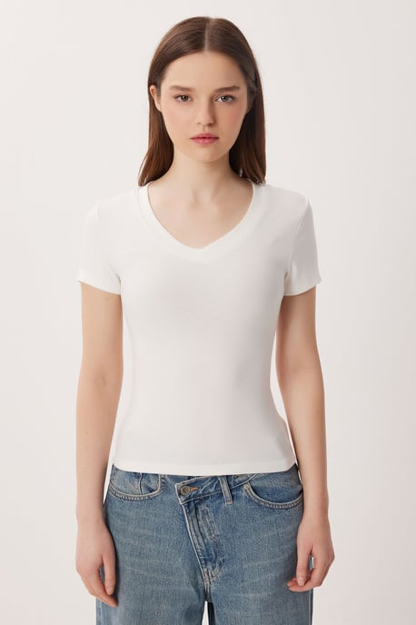 Basic V-Ausschnitt Baumwollmix T-Shirt - Image 6