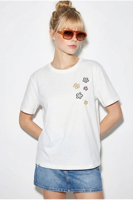 Blumenbesticktes Rundhalsausschnitt T-Shirt - Image 2
