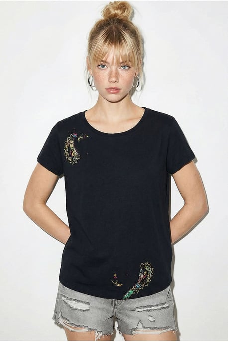 Besticktes U-Ausschnitt Basic T-Shirt - Image 3