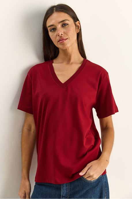 Komfort Fit V-Ausschnitt Kammgarn Baumwoll-T-Shirt - Image 1