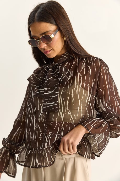 Chiffon-Bluse mit Krawatten-Detail und abstraktem Druck und Choker-Kragen - Image 5