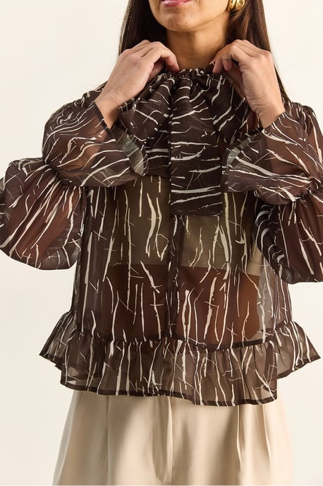Chiffon-Bluse mit Krawatten-Detail und abstraktem Druck und Choker-Kragen - Image 6