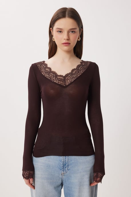 Spitzen-V-Ausschnitt Slim Fit Bluse - Image 6