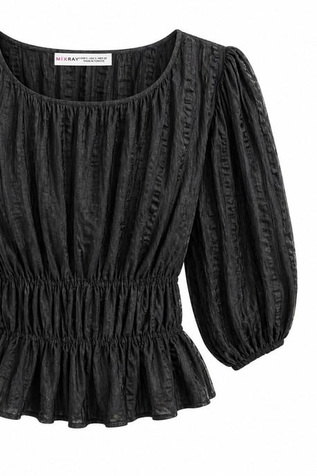 Strukturierte U-Ausschnitt Dreiviertelarm Peplum-Bluse - Image 2