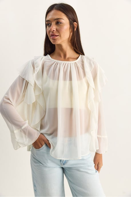 Rüschen-Chiffon Rundhalsausschnitt-Bluse - Image 2