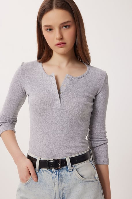 Slim Fit U-Ausschnitt Langarmbluse - Image 1
