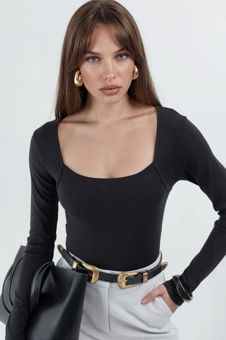 Schlanke Passform Cropped Bluse mit Rechteckkragen - Image 1