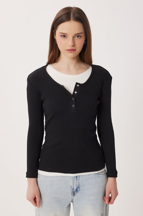 Slim Fit Rippstrukturknopfbluse mit langen Ärmeln - Image 3