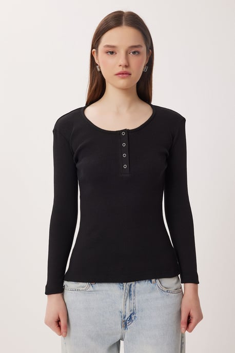 Slim Fit Rippstrukturknopfbluse mit langen Ärmeln - Image 4