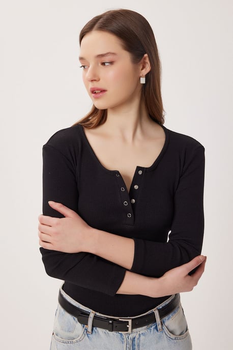 Slim Fit U-Hals Langarmbluse - Image 2