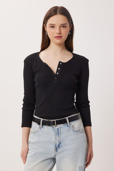 Slim Fit U-Hals Langarmbluse - Image 3