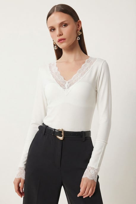 Spitzen-V-Ausschnitt Slim-Fit Bluse - Image 2