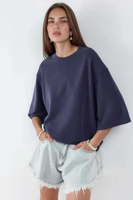 Oversized gerippte Cropped-Bluse mit Rundhalsausschnitt - Image 2