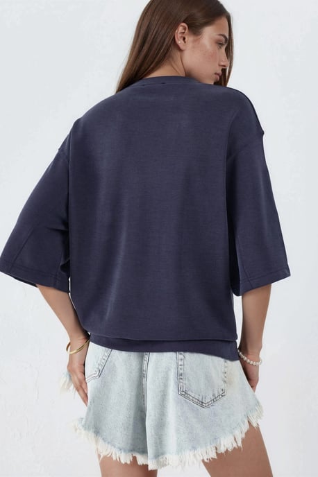 Oversized gerippte Cropped-Bluse mit Rundhalsausschnitt - Image 3