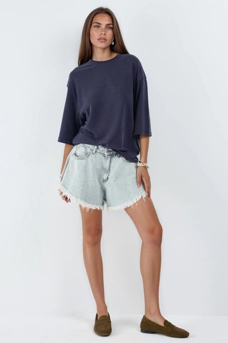 Oversized gerippte Cropped-Bluse mit Rundhalsausschnitt - Image 4