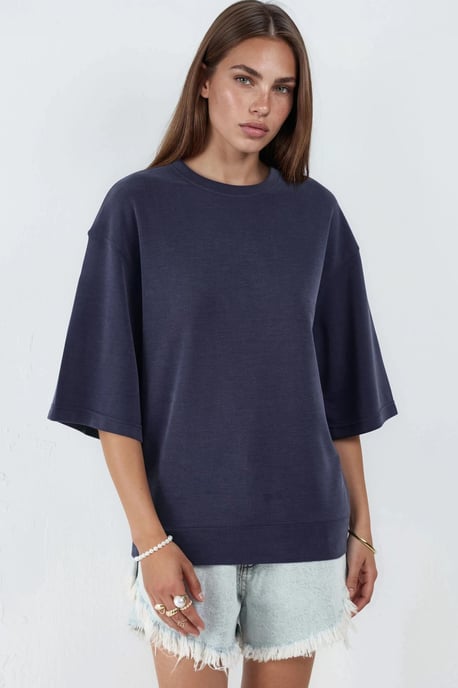 Oversized gerippte Cropped-Bluse mit Rundhalsausschnitt - Image 6