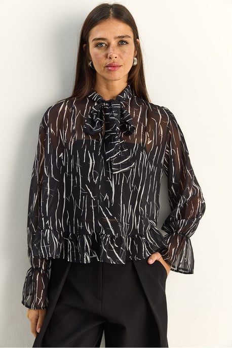 Chiffonbluse mit Bindegürtel und abstraktem Print im Choker-Stil - Image 2