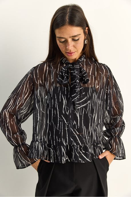 Chiffonbluse mit Bindegürtel und abstraktem Print im Choker-Stil - Image 3