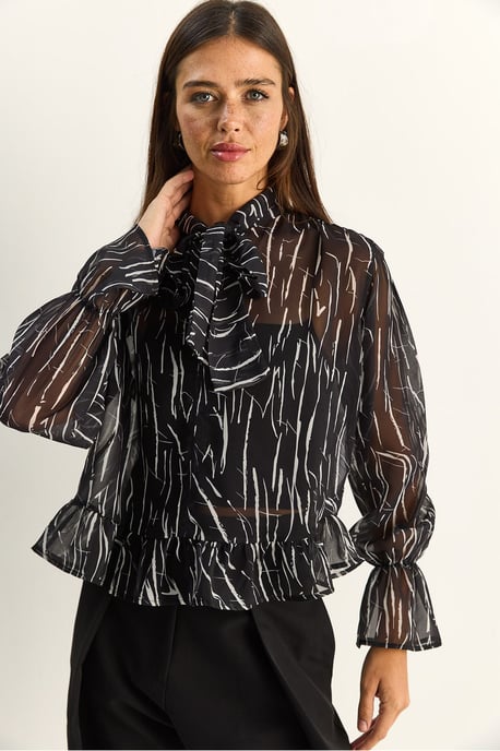 Chiffonbluse mit Bindegürtel und abstraktem Print im Choker-Stil - Image 5