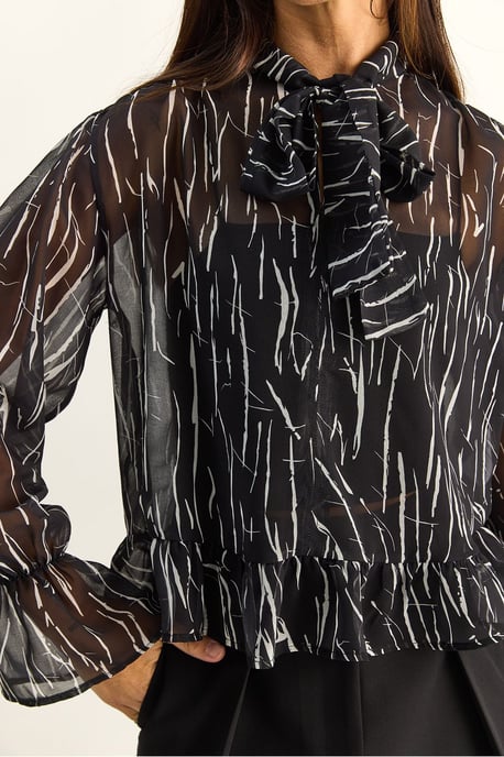 Chiffonbluse mit Bindegürtel und abstraktem Print im Choker-Stil - Image 6