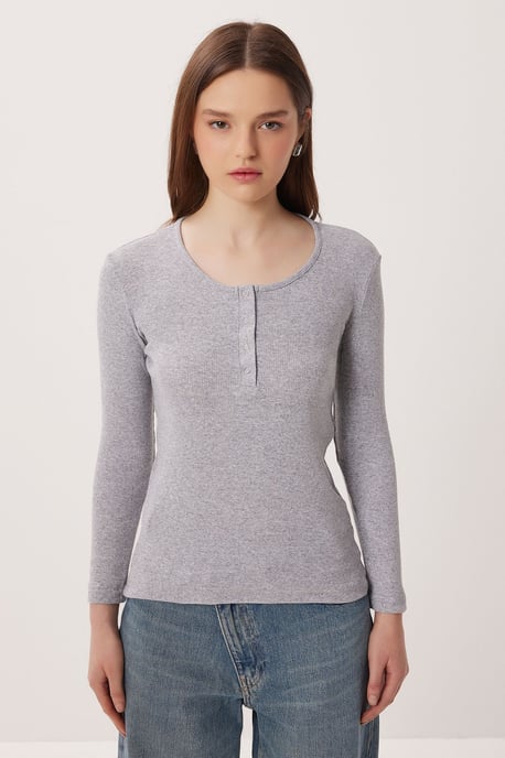 Schmale Passform Geripptes Button-Up Langarmbluse - Image 4