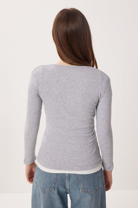 Schmale Passform Geripptes Button-Up Langarmbluse - Image 6