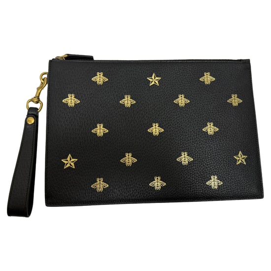 Gucci Dollar Boar Effect Bee Star Zip Wristlet Pouch aus schwarzem Kalbsleder - Image 3
