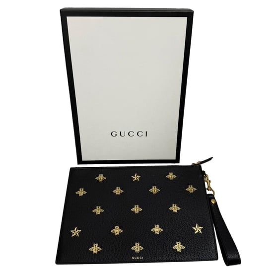 Gucci Dollar Boar Effect Bee Star Zip Wristlet Pouch aus schwarzem Kalbsleder - Image 6