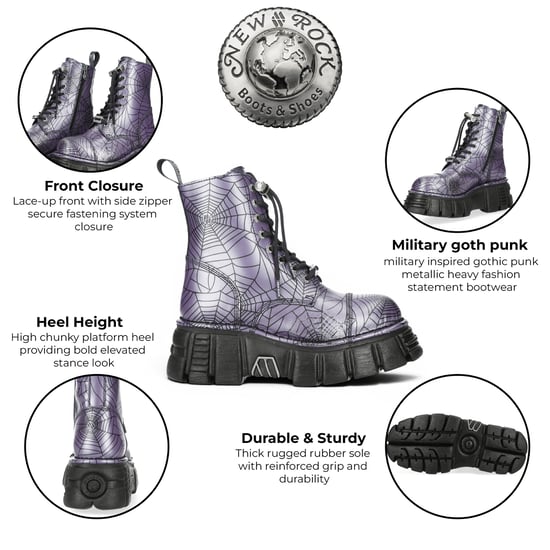 New Rock Lila Leder Gothic Militär Biker Stiefel - MILI084N-S3 - Image 2