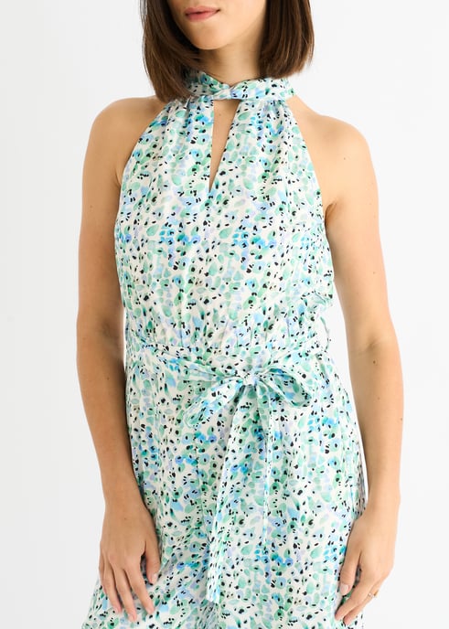 Blauer Jumpsuit mit Blumenmuster und Neckholder-Ausschnitt - Image 2