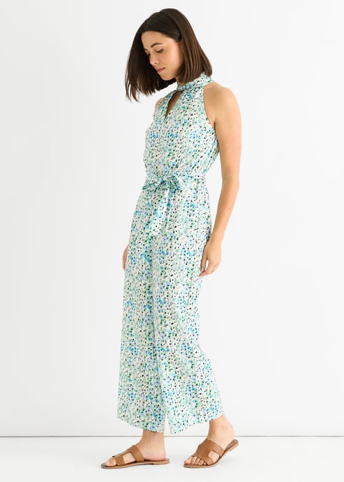 Blauer Jumpsuit mit Blumenmuster und Neckholder-Ausschnitt - Image 3