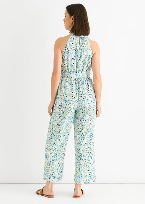 Blauer Jumpsuit mit Blumenmuster und Neckholder-Ausschnitt - Image 4