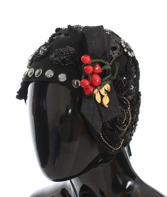 Dolce & Gabbana Black Crystal Gold Cherries Brooch Women's Hat - Image 1