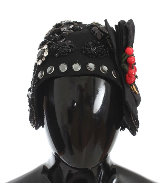 Dolce & Gabbana Black Crystal Gold Cherries Brooch Women's Hat - Image 2