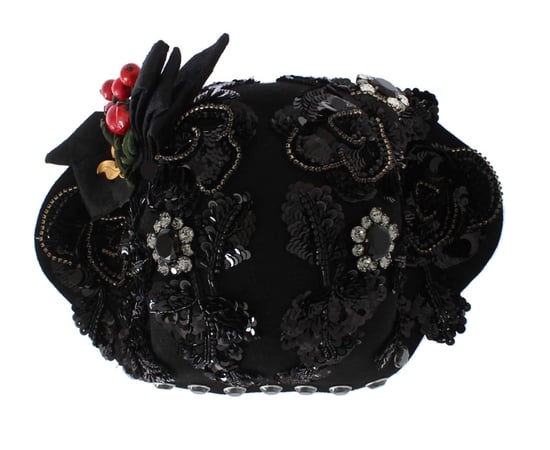 Dolce & Gabbana Black Crystal Gold Cherries Brooch Women's Hat - Image 3