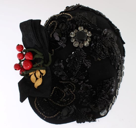 Dolce & Gabbana Black Crystal Gold Cherries Brooch Women's Hat - Image 4