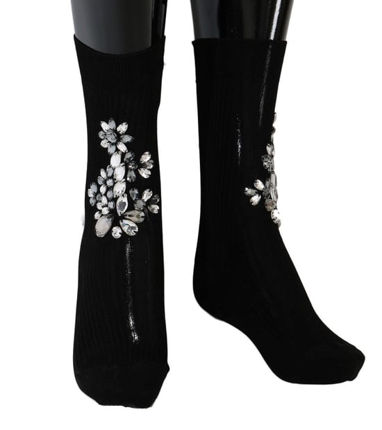 Dolce & Gabbana schwarze gestrickte Floral-Kristallsocken - Image 1