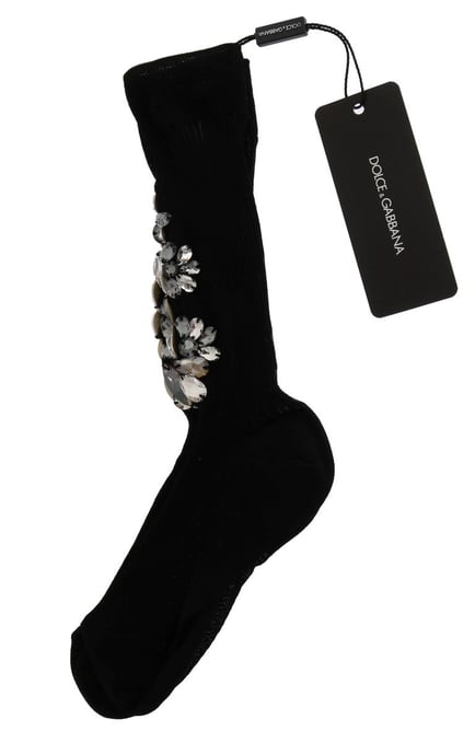 Dolce & Gabbana schwarze gestrickte Floral-Kristallsocken - Image 4