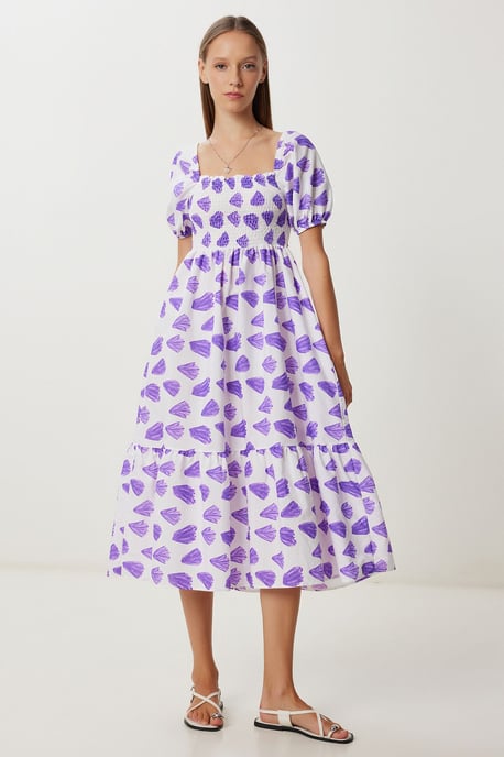 Rüschen-Affekt-Print A-Linien Midi Kleid mit quadratischem Kragen - Image 3