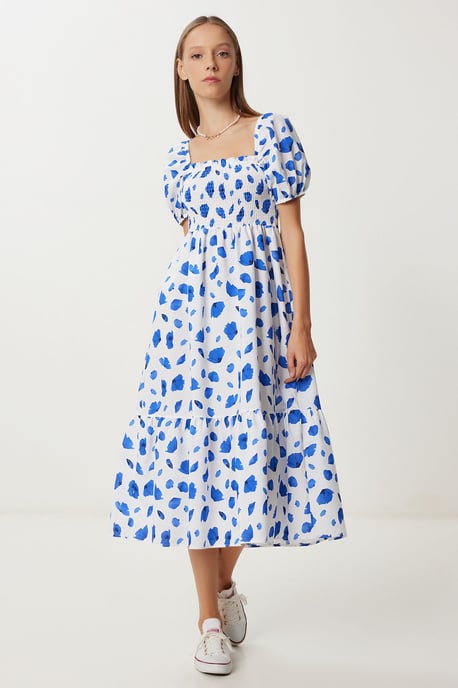 Rüschendruck A-Linien-Midi-Kleid mit quadratischem Kragen - Image 2