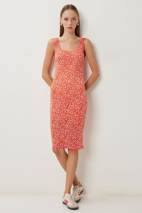 Blumenbedrucktes ärmelloses Midi-Kleid mit U-Ausschnitt - Image 1