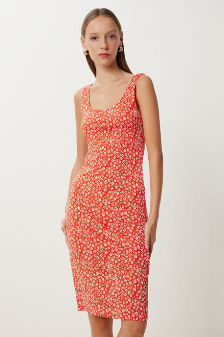 Blumenbedrucktes ärmelloses Midi-Kleid mit U-Ausschnitt - Image 2