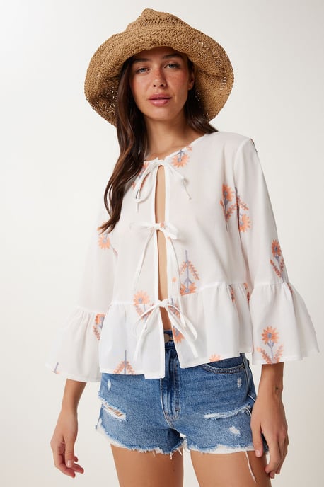 Rüschen Crew-Neck Langarm Bluse mit Blumenmuster - Image 1