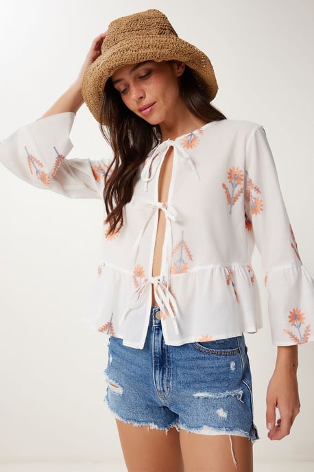 Rüschen Crew-Neck Langarm Bluse mit Blumenmuster - Image 2
