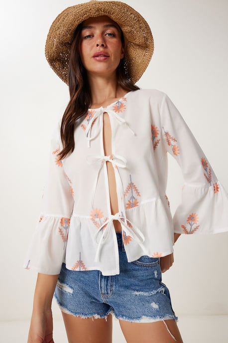 Rüschen Crew-Neck Langarm Bluse mit Blumenmuster - Image 3